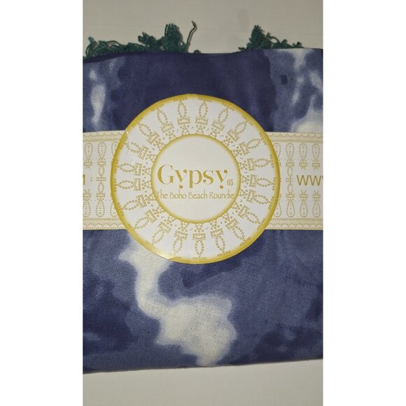 Gypsy Boho Beach Roundie Blue White Tie Dye With Green Fringe - Picture 2 of 4